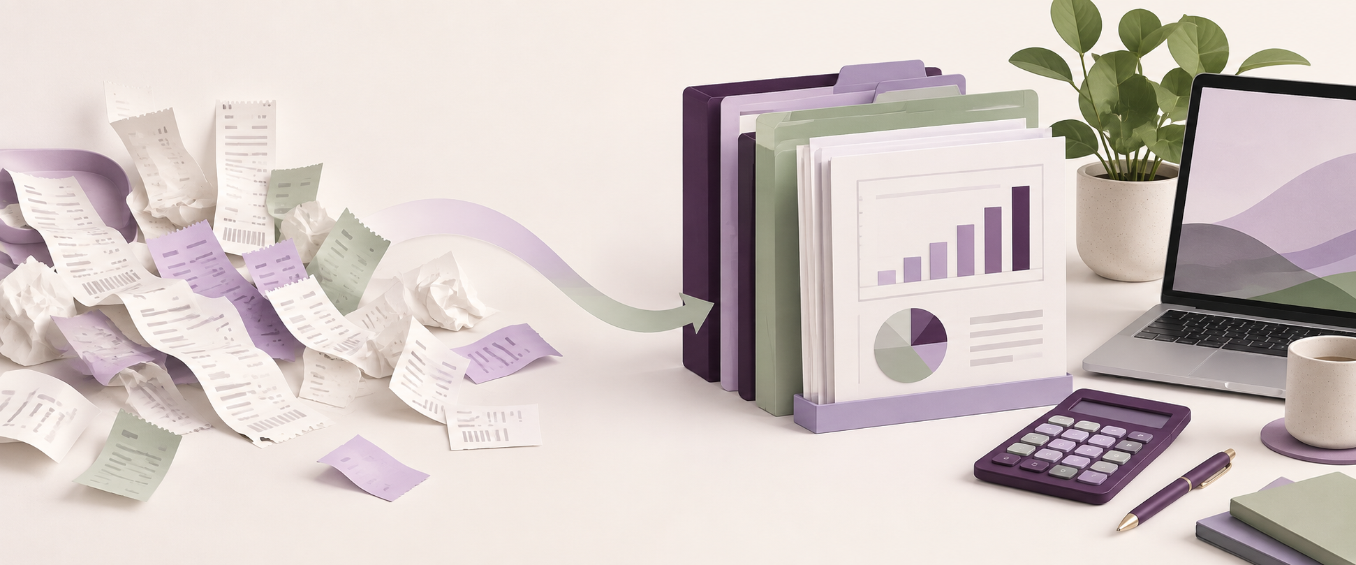 Receipts becoming organized monthly bookkeeping reports.