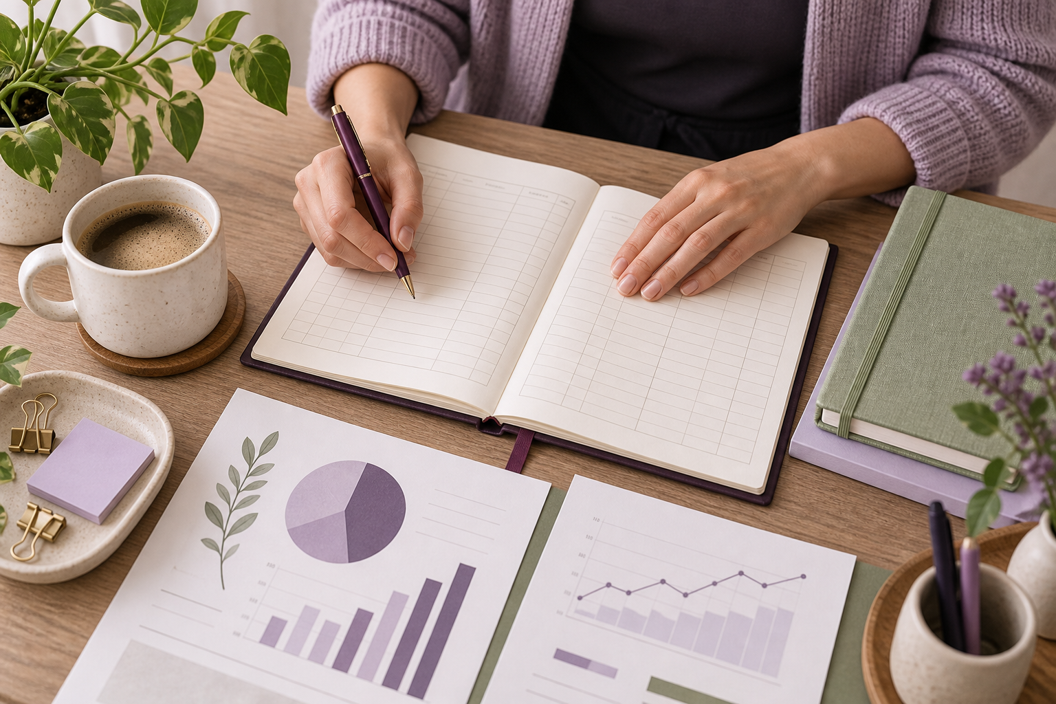 Bookkeeper carefully organizing a small business ledger and reports.